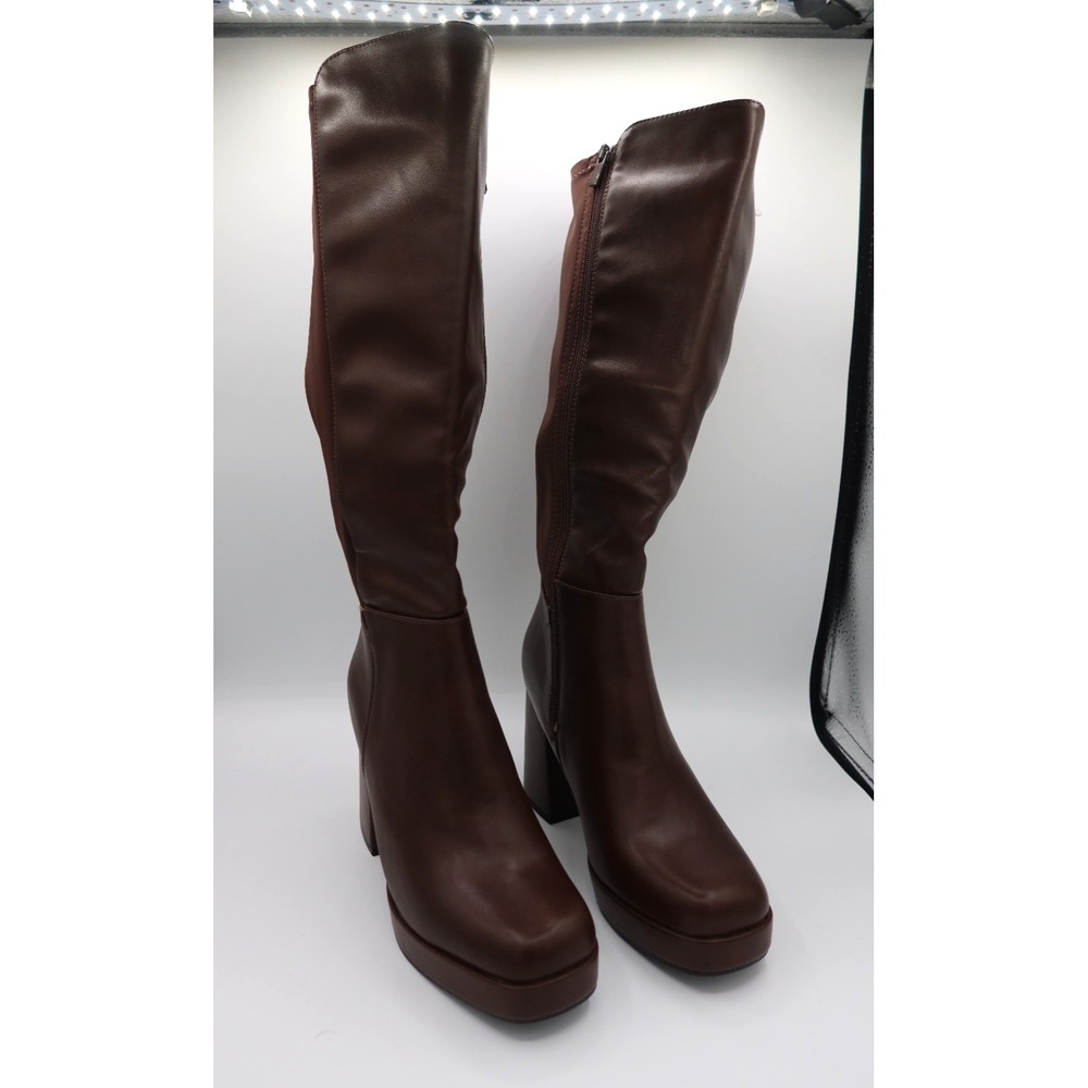 Top Moda Brown Knee High Platform Boots Chunky Heel Y2K Size 8.5 - Picture 2 of 5